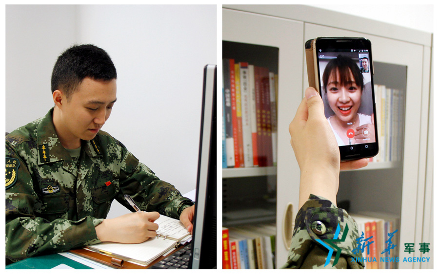 &uarr;陳德正，武警北京總隊七支隊某中隊指導(dǎo)員。七夕前夜堅守在值班崗位上的他，在結(jié)束值班后給妻子打了個視頻電話，通過網(wǎng)絡(luò)表達著對妻子的愛意。閆星辰 攝