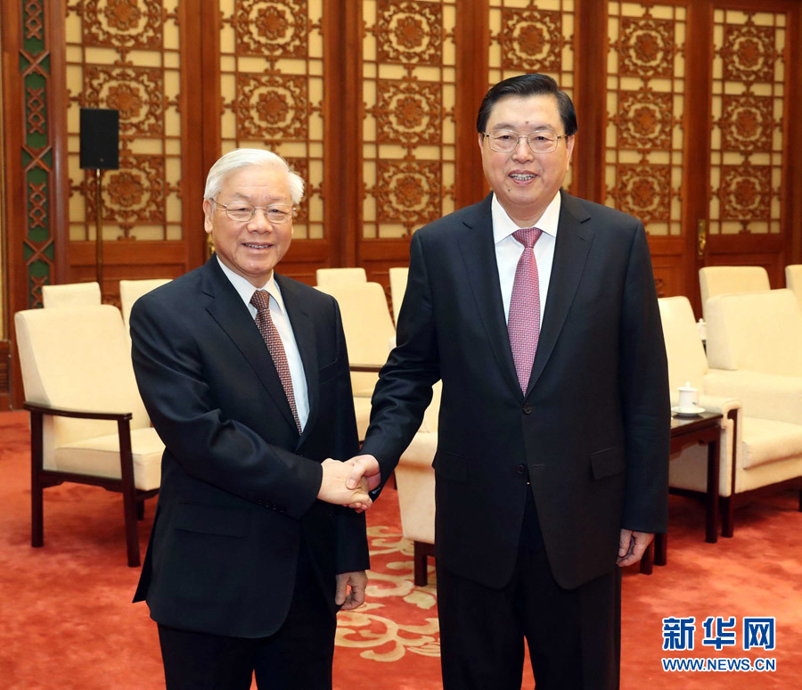 1月13日，中共中央政治局常委、全國(guó)人大常委會(huì)委員長(zhǎng)張德江在北京人民大會(huì)堂會(huì)見越共中央總書記阮富仲。 新華社記者 劉衛(wèi)兵 攝