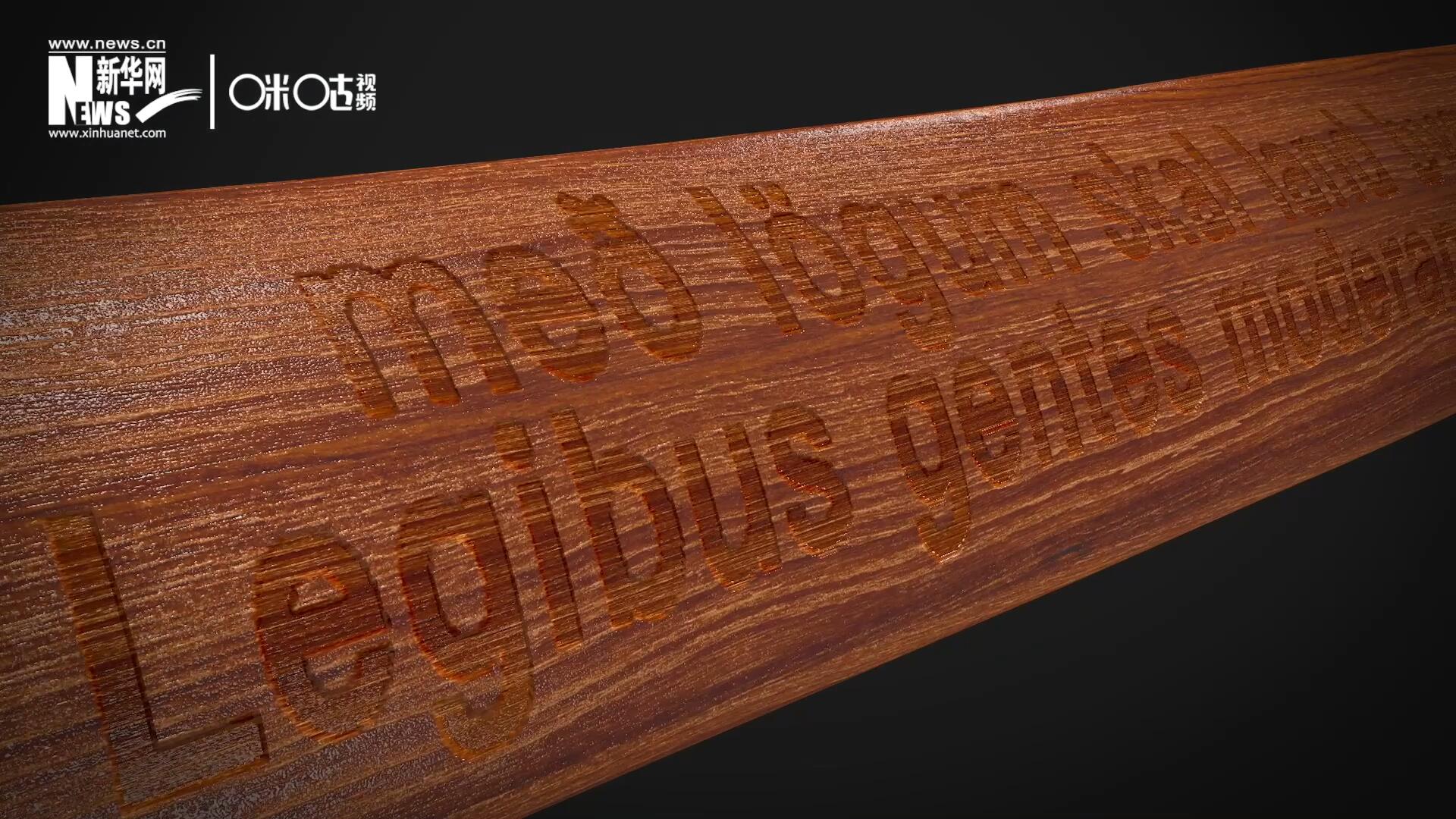 這把木槌尺寸超大、顏色棕紅、精雕細(xì)刻，上面刻有&ldquo;社會(huì)必須建立在法律的基礎(chǔ)上&rdquo;。