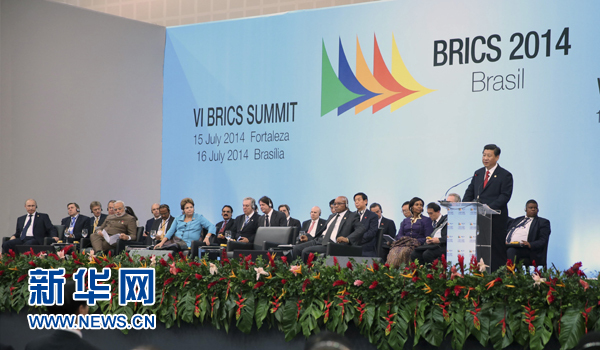 7月15日，國(guó)家主席習(xí)近平在巴西福塔萊薩出席金磚國(guó)家領(lǐng)導(dǎo)人第六次會(huì)晤并發(fā)表重要講話(huà)。 新華社記者 蘭紅光 攝