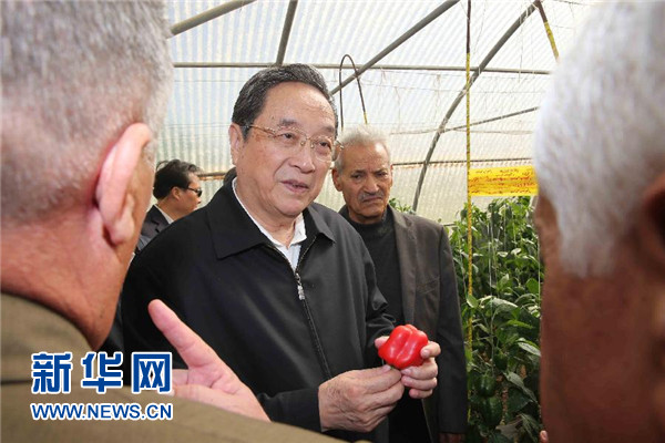 11月8日，正在約旦進行正式友好訪問的全國政協(xié)主席俞正聲在約旦河谷參觀碩果農(nóng)業(yè)合作社。 新華社記者 劉衛(wèi)兵 攝 