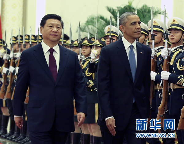 11月12日，國家主席習(xí)近平在北京人民大會堂舉行歡迎儀式，歡迎美國總統(tǒng)奧巴馬對中國進(jìn)行國事訪問。 新華社記者 龐興雷 攝