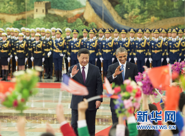 11月12日，國家主席習(xí)近平在北京人民大會堂舉行歡迎儀式，歡迎美國總統(tǒng)奧巴馬對中國進(jìn)行國事訪問。 新華社記者 黃敬文 攝