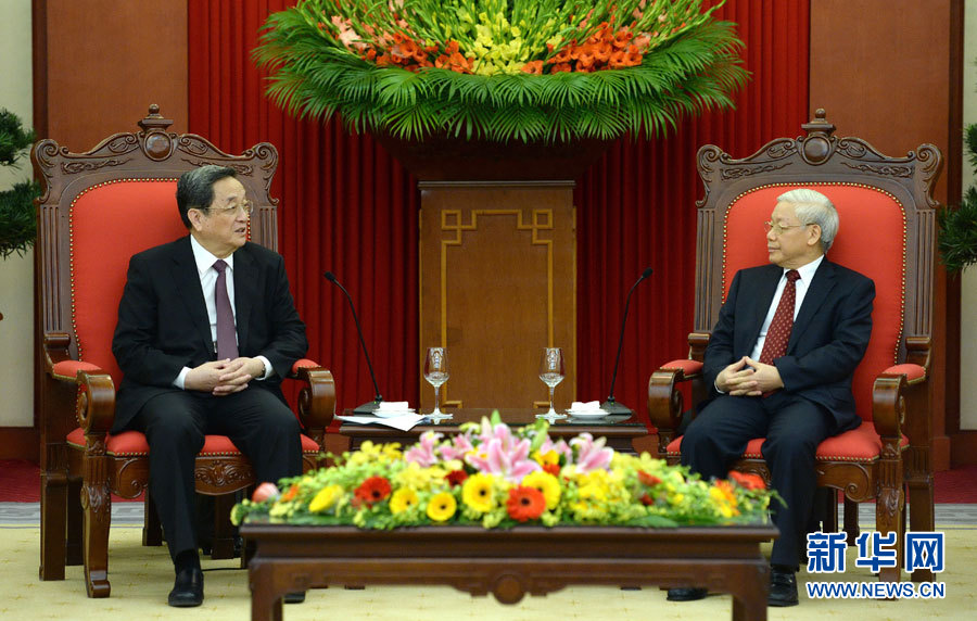 12月25日至27日，中共中央政治局常委、全國(guó)政協(xié)主席俞正聲對(duì)越南進(jìn)行正式訪問(wèn)。這是12月26日，俞正聲在河內(nèi)會(huì)見越共中央總書記阮富仲。 新華社記者馬占成攝