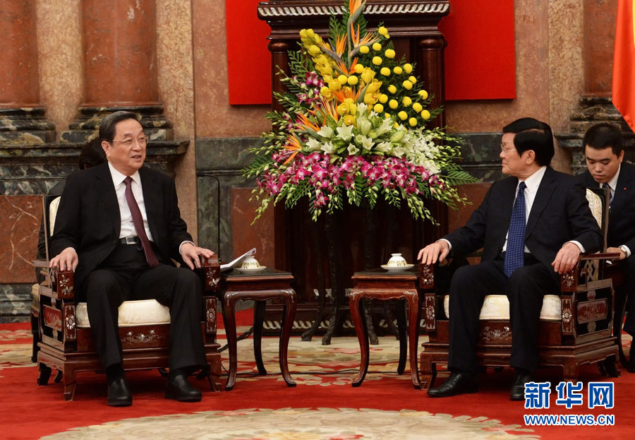 12月25日至27日，中共中央政治局常委、全國(guó)政協(xié)主席俞正聲對(duì)越南進(jìn)行正式訪問(wèn)。這是12月26日，俞正聲在河內(nèi)會(huì)見越南國(guó)家主席張晉創(chuàng)。 新華社記者劉建生攝