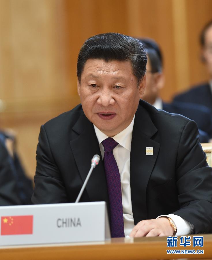 7月9日，金磚國家領(lǐng)導(dǎo)人第七次會(huì)晤在俄羅斯烏法舉行。中國國家主席習(xí)近平、俄羅斯總統(tǒng)普京、巴西總統(tǒng)羅塞夫、印度總理莫迪、南非總統(tǒng)祖馬出席。這是習(xí)近平發(fā)表題為《共建伙伴關(guān)系　共創(chuàng)美好未來》的主旨講話。新華社記者 饒愛民 攝 