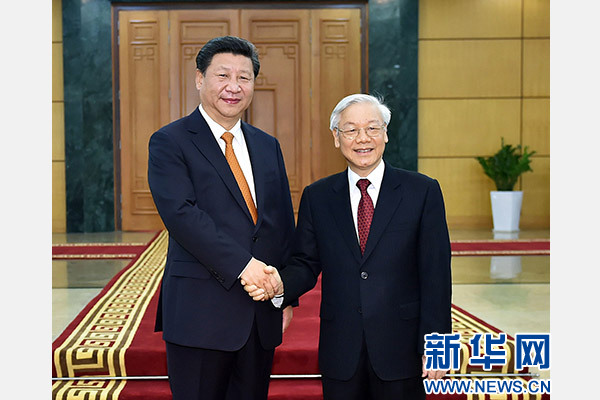 11月5日，中共中央總書記、國家主席習近平在河內同越共中央總書記阮富仲舉行會談。 新華社記者李濤攝