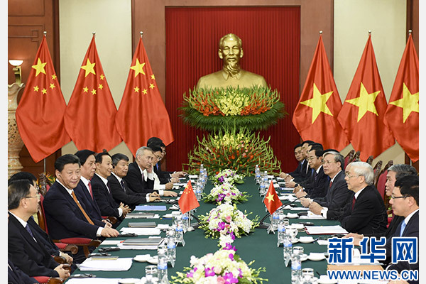 11月5日，中共中央總書記、國家主席習近平在河內同越共中央總書記阮富仲舉行會談。 新華社記者李學仁攝