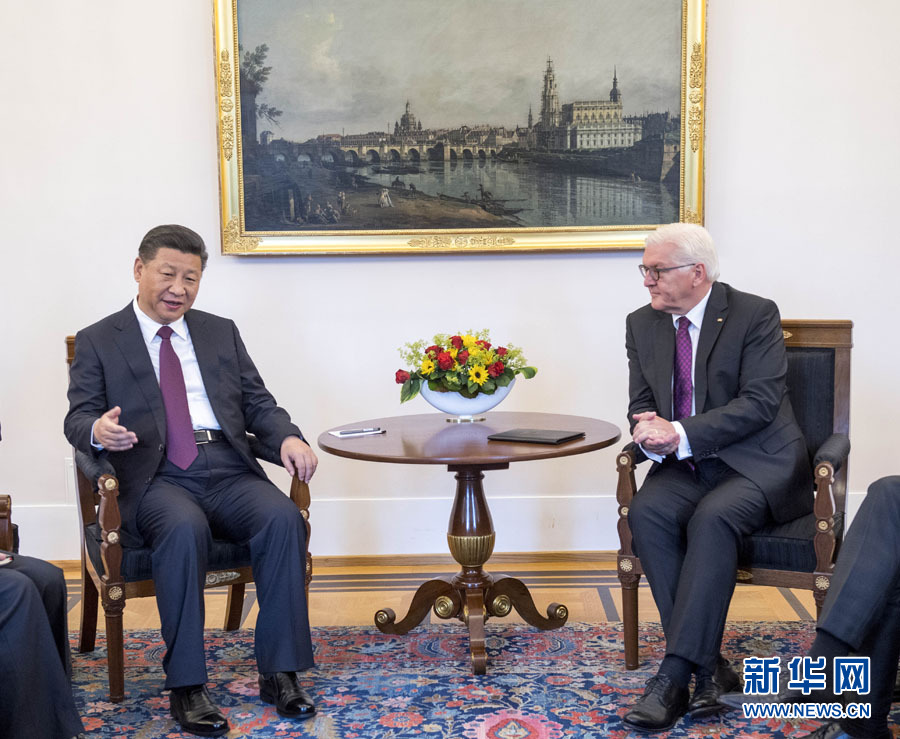 7月5日，國(guó)家主席習(xí)近平在柏林會(huì)見(jiàn)德國(guó)總統(tǒng)施泰因邁爾。 新華社記者李學(xué)仁 攝
