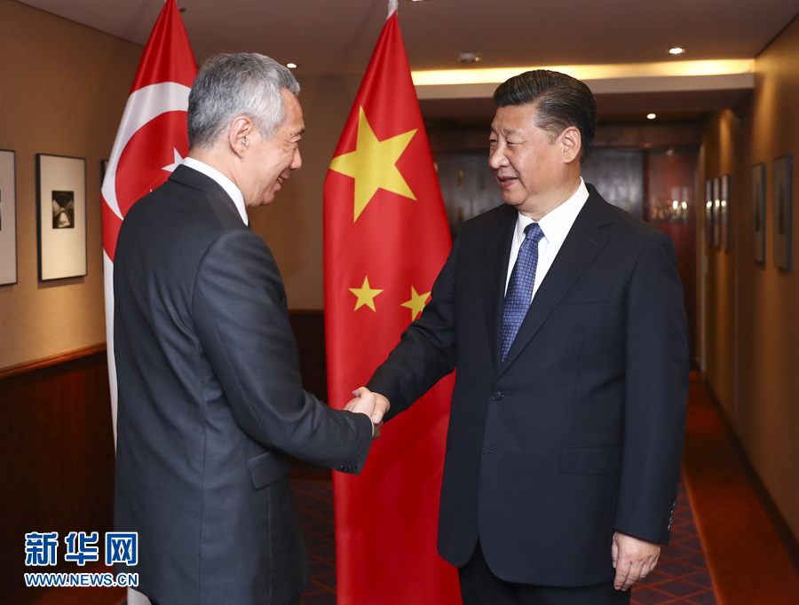 7月6日，國家主席習(xí)近平在漢堡會見新加坡總理李顯龍。 新華社記者謝環(huán)馳 攝